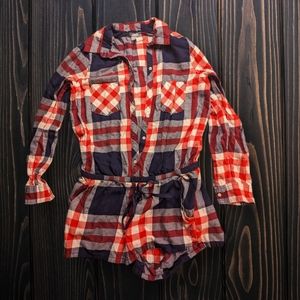 Aerie Womens Flannel Romper Playsuit Navy Plaid Drawstring Pockets Buttons M